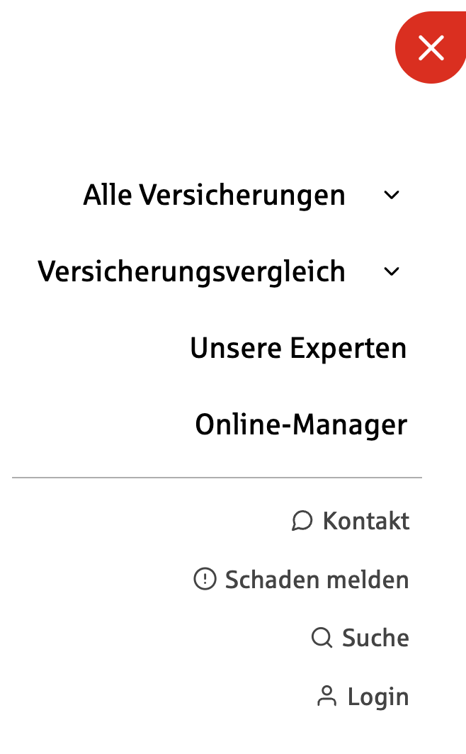 Geöffnete mobile Navigation von s mobile Versicherungsmakler mit Menüpunkten zu Versicherungen, Experten, Online-Manager sowie Kontakt und Login.